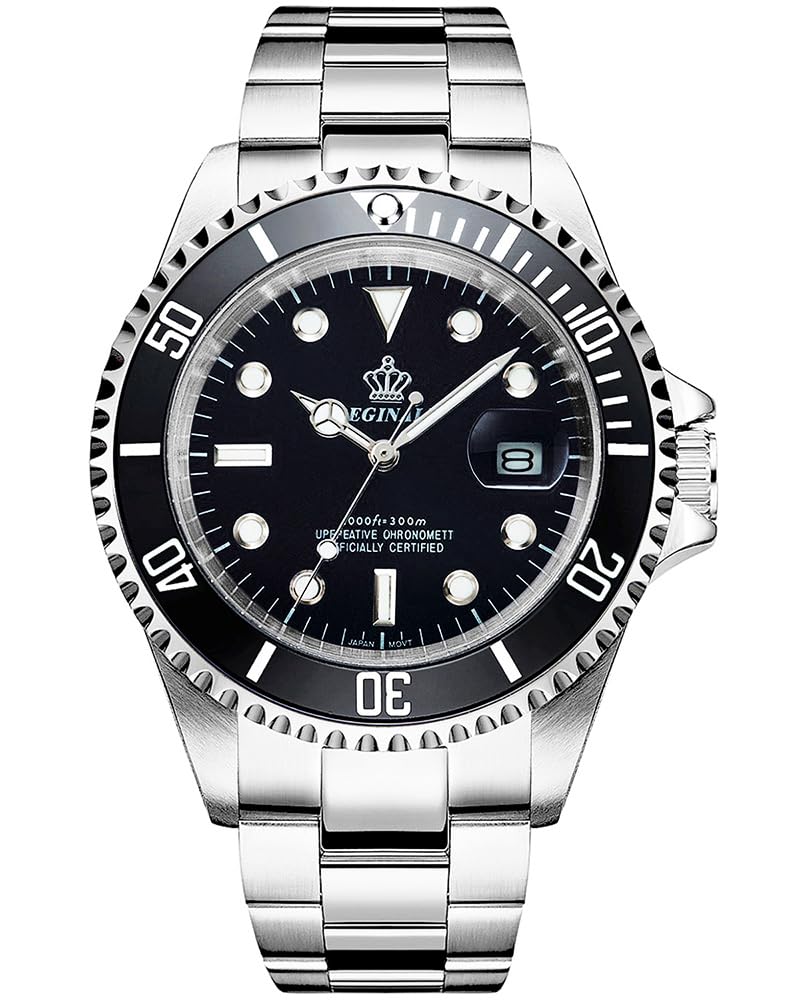 Reginald Men's Watch Luminous Quartz Rotatable Bezel Sapphire Glass Silver Stainless Steel Band and Case Waterproof Sports Black Watch - Image 1